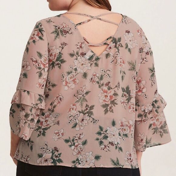 Torrid size 2X dusty rose FLORAL PRINT CHIFFON RUFFLE BELL SLEEVE STRAPPY blouse - Picture 3 of 10